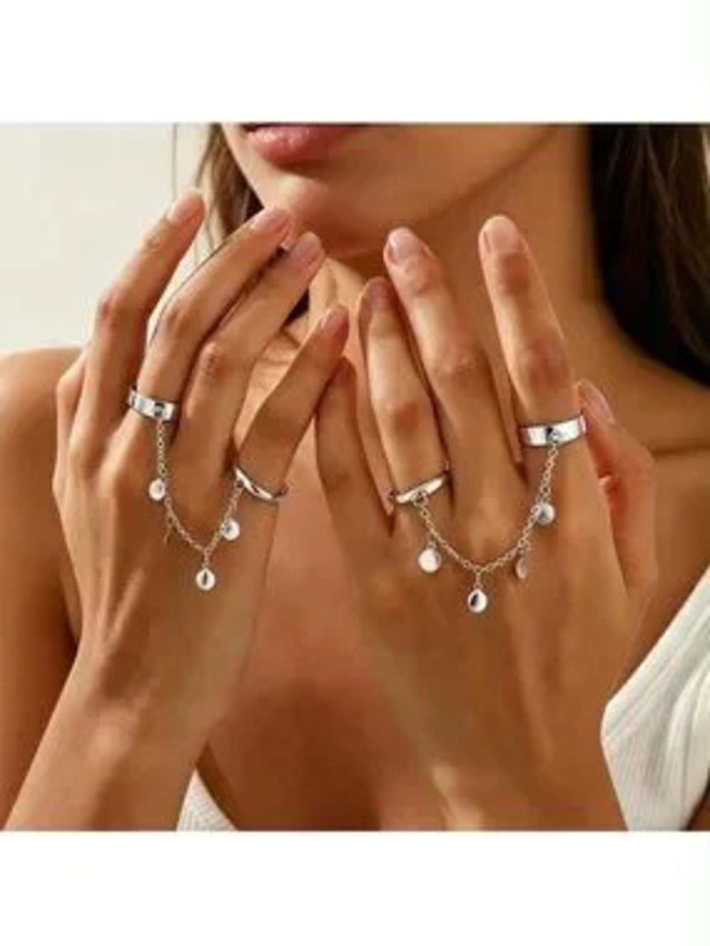 Anthropologie Silver Color Linked Double Ring with Dangling Discs